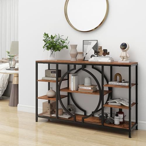 Rustic Brown 47" GiftGo Industrial Console Table with 4 Tier Storage for Entryway and Living Room