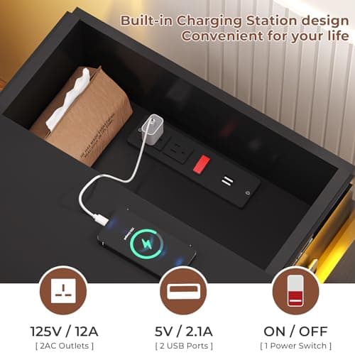 Modern Black Nightstand Set with Charging Station & Drawers