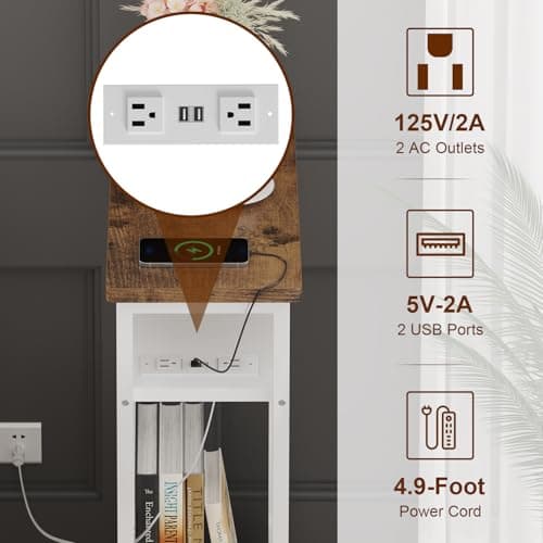 IBUYKE Narrow Side Table Set of 2 with Charging Station, White and Brown UTMZ006W-2