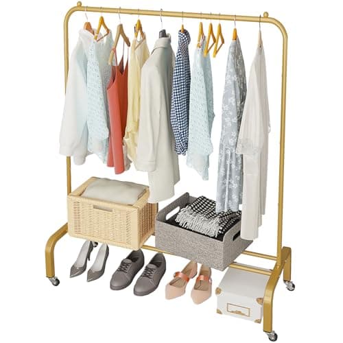 JIUYOTREE Gold Metal 43.3" Clothing Rack with Bottom Shelf for Hanging Clothes Coats Skirts Shirts Sweaters