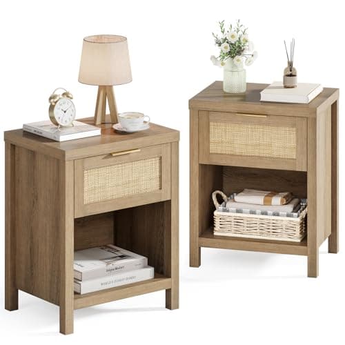 Caramel Oak Boho Rattan Nightstand Set with Drawer & Storage Shelf