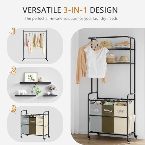 Gewudraw 3-Section Laundry Hamper Cart with Hanging Rack & 2-Tier Shelf