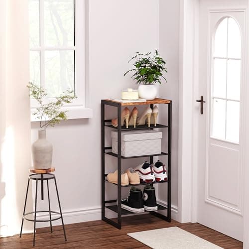 Slim 5-Tier Shoe Rack with Wood Top & Steel Mesh, 16.5x11.8x36 Inches for Entryway/Closet/Dorm