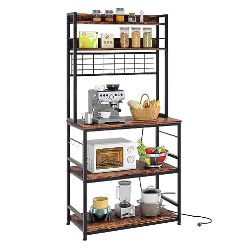 ShintenchiMetal Bakers Rack, 10 Hooks, Power Outlet, Large Storage