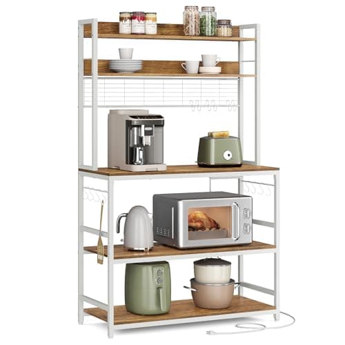 VASAGLE Microwave Stand with Power Outlet, 14 Hooks, 66.9 Inches Tall UKKS037W41