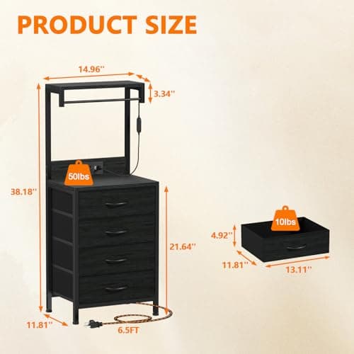 Furnulem Black Oak Tall Nightstand with Charging & LED Lights