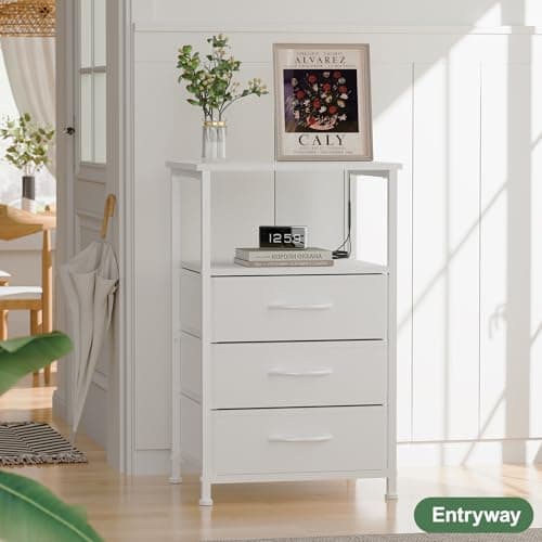 White Nightstand with LED Light, 3 Fabric Drawers for Small Spaces