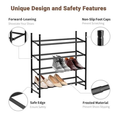 ikloo 4-Tier Expandable Shoe Rack for Closets & Entryways | Black