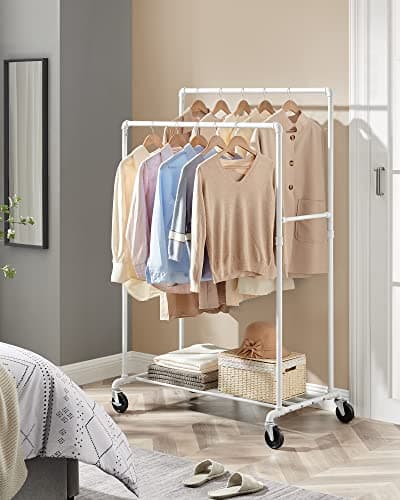 SONGMICS Heavy-Duty Double-Rod Clothes Rack, White with Casters Brakes