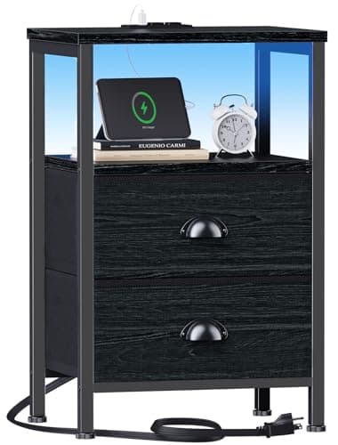 Furologee Black Nightstands with Charging Station and LED Lights