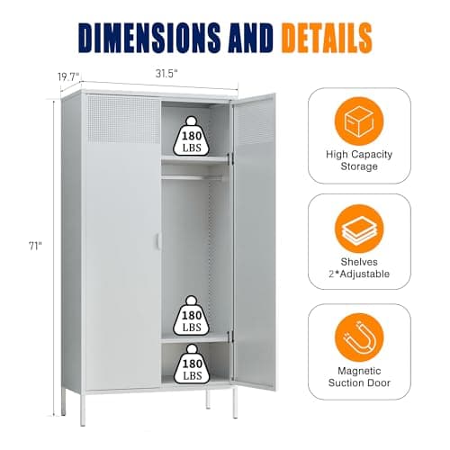 White Metal Storage Wardrobe 71''H with Rod & Adjustable Shelves for Home Office School Gym