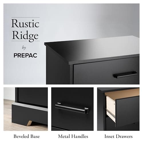 Prepac Rustic Ridge Black Nightstand, 2 Drawers + Shelf for Bedroom