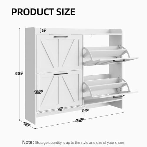 Freestanding Black Metal Handle Shoe Cabinet with 4 Flip Drawers, White & Wood Legs for Entryway