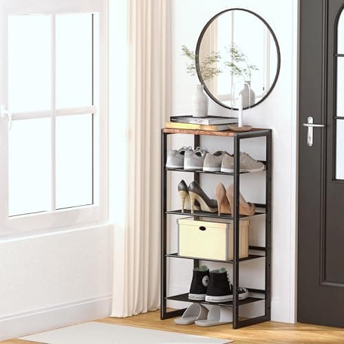 Slim 5-Tier Shoe Rack with Wood Top & Steel Mesh, 16.5x11.8x36 Inches for Entryway/Closet/Dorm