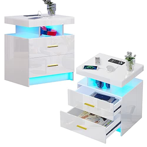 High Gloss Nightstand with USB/Wireless Charging, LED White Side Table with Storage Drawers