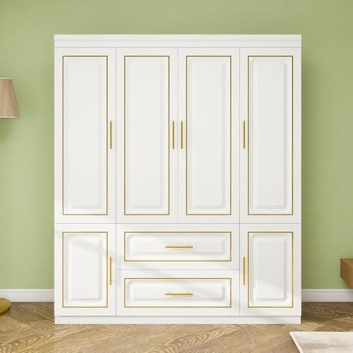 White Large Wood Armoire Wardrobe with 4 Doors 2 Drawers Shelves Hanging Rails