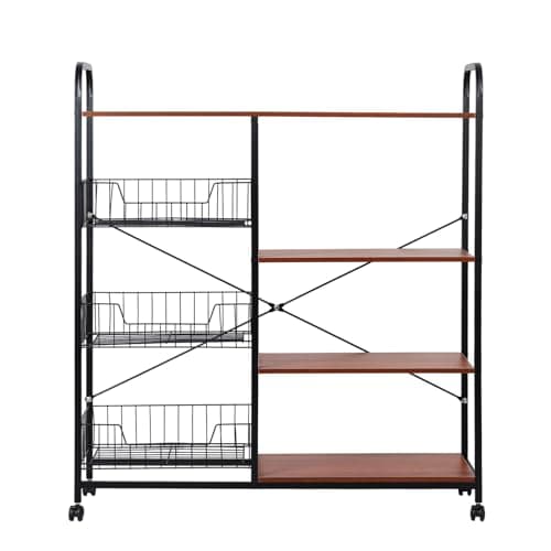 4-Tier Bakers Rack with Storage & Wheels, Coffee Bar with 3 Wire Basket, Utility Microwave Stand with Cabinet, Kitchen Organizer Shelf, Vintage Brown