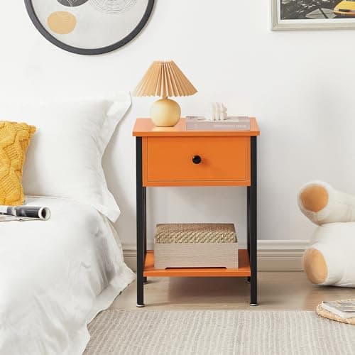 VECELO Modern Bedside Table with Drawer & Shelf, Industrial Metal Frame