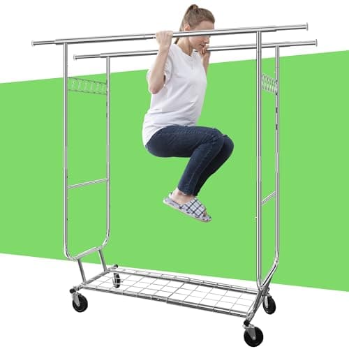 Heavy Duty Clothing Rack with Wheels, 600lbs Double Rod
