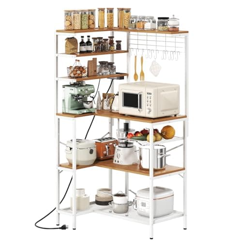 Black L-Shaped Bakers Rack with Power Outlet & Mesh Grid