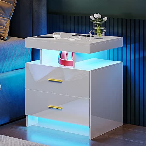 High Gloss Nightstand with USB/Wireless Charging, LED White Side Table with Storage Drawers