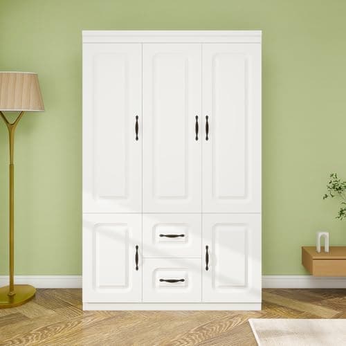 White Large Wood Armoire Wardrobe with 4 Doors 2 Drawers Shelves Hanging Rails