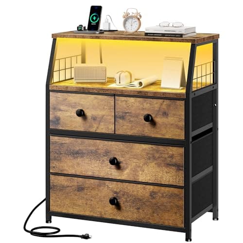 EnHomee Rustic Brown Nightstand with Charging & LED Lights, 4 Drawer Bedside Table, Wood Shelf, 2 USB Ports