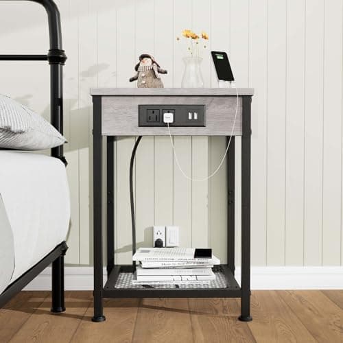 Fixwal End Table Set of 2 with Charging Station (Light Walnut Gray)