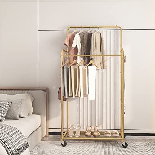 Heavy Duty Gold Rolling Clothing Rack with 4 Hooks for Hanging Clothes