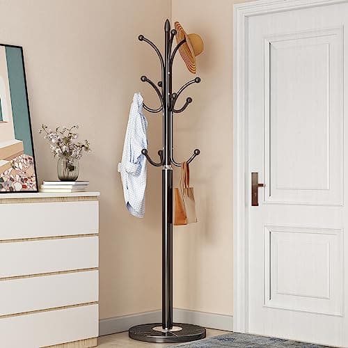 Black Freestanding Metal Coat Rack with 12 Hooks & Natural Marble Base