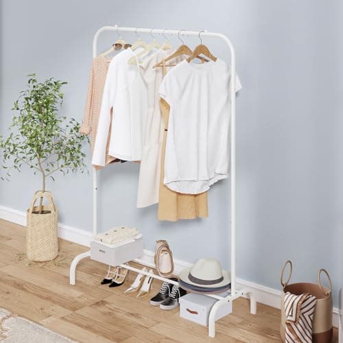 Heavy Duty Portable Clothes Hanging Garment Rack with Metal Shelf, Black (White)