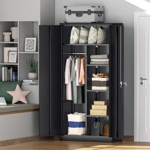 Greenvelly Black Metal Storage Wardrobe with Lock & Shelves, 72" Closet for Home, Office & Bedroom