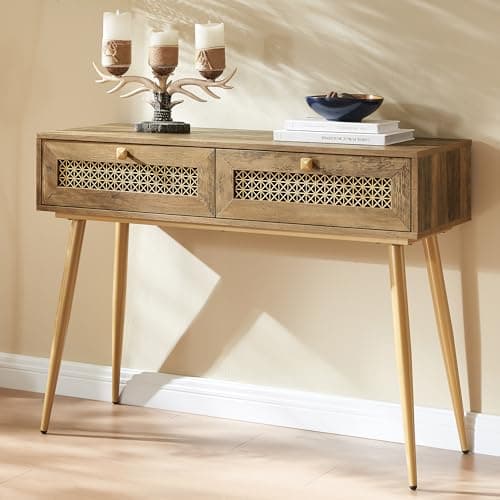Rustic Oak Narrow Sofa Table with Drawers & Shelf, Modern Living Room Console