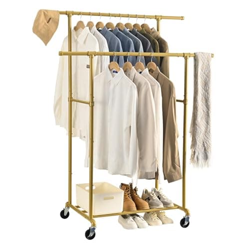 Heavy Duty Rolling Clothes Rack, Gold, Max 400Lbs, Double Rod Organizer