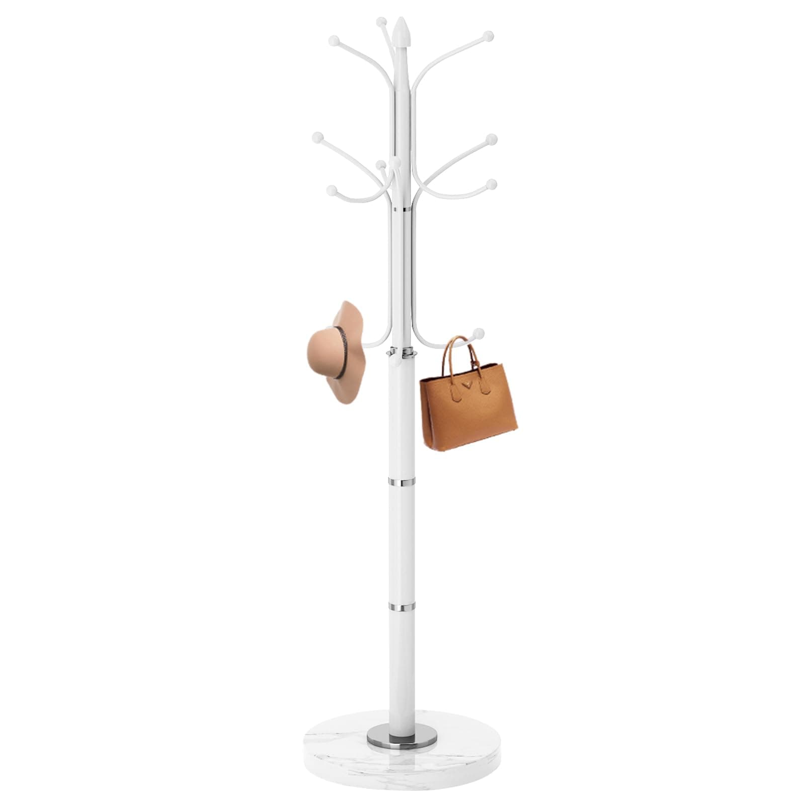 Sturdy Modern Metal Coat Rack Stand with 12 Hooks & Natural Marble Base