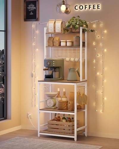 VASAGLE Microwave Stand with Power Outlet, 14 Hooks, 66.9 Inches Tall UKKS037W41