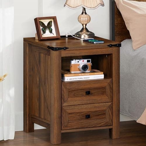 Rustic Brown Nightstands Set of 2 with Charging Station & Drawers