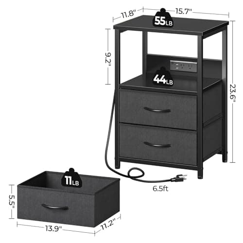 Seventable Black Nightstand with Charging & LED Lights, 3-Tier Storagedrawer