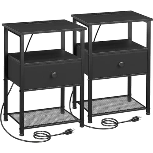 HETS01BK LED Nightstand with Charging Station & Fabric Drawer