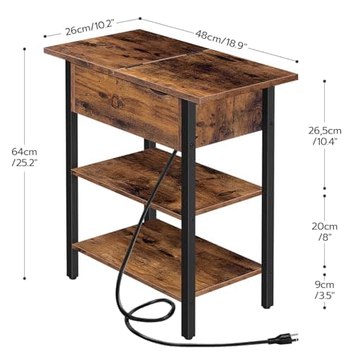 HOOBRO Flip Top Nightstand with Charging Station, Rustic Brown BF341BZP