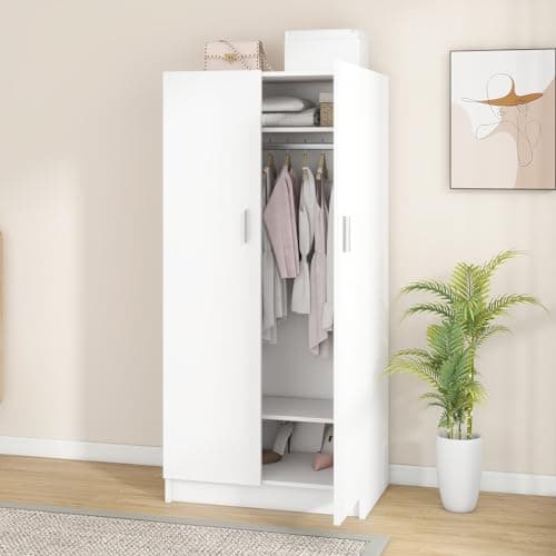 Panana 2 Door Wood Wardrobe with Hanging Rail & Shelves, White Bedroom Armoire