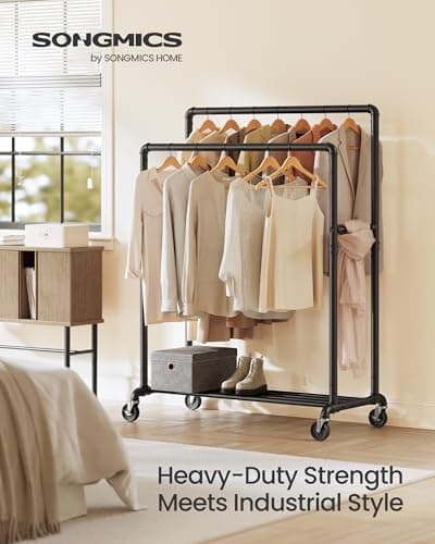 SONGMICS Heavy-Duty Double-Rod Clothes Rack with Casters, Black UHSR60B