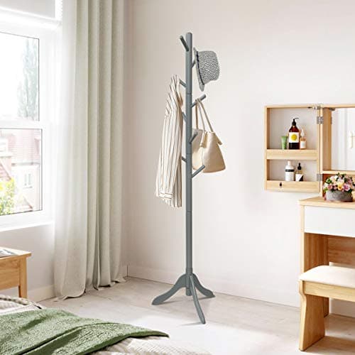 Tangkula Adjustable Height Wooden Tree Coat Rack with 8 Hooks
