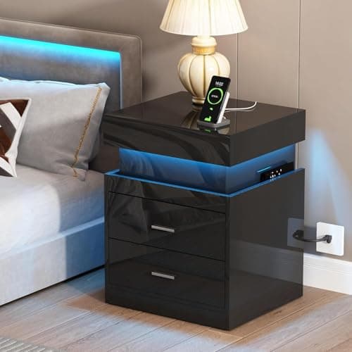 ChooChoo Smart Nightstand with Charging, Sliding Top Storage, 2-Drawers, Modern Bedside Table, White
