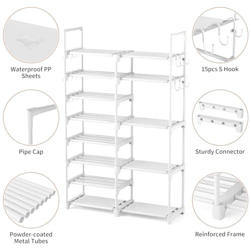 ROJASOP Tall Metal Shoe Rack, 8 Tier, 26-32 Pairs, Space Saving Boot & Shoe Organizer