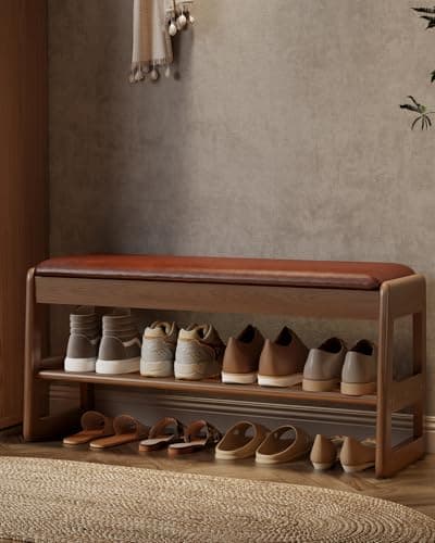 Walnut Wood 2-Tier Shoe Bench with Flip-Top Storage for Entryway