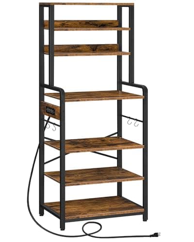 HOOBRO 7-Tier Brown Bakers Rack with Power Outlet & Hooks, Microwave Stand