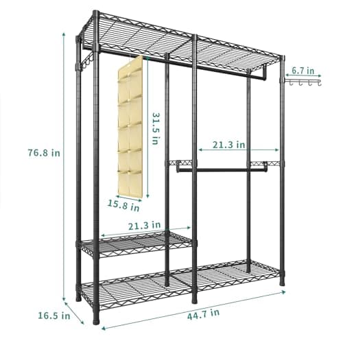 Black Heavy Duty 3-Tier Metal Wire Closet Organizer with 2 Rods, Max 800LBS Load