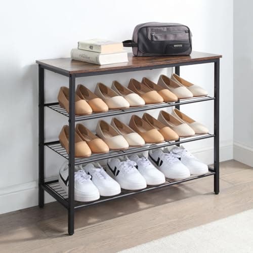 Rustic Brown 4-Tier Metal Mesh Shoe Rack Organizer