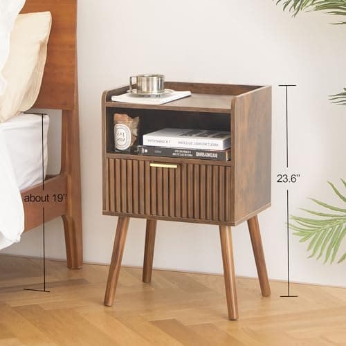 AWASEN Mid Century Modern Nightstand, Fluted Drawers, Rustic Brown for Living Room & Bedroom